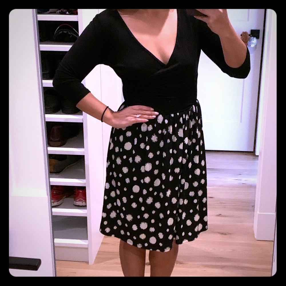 Wrap top a-line dress with polka dot skirt